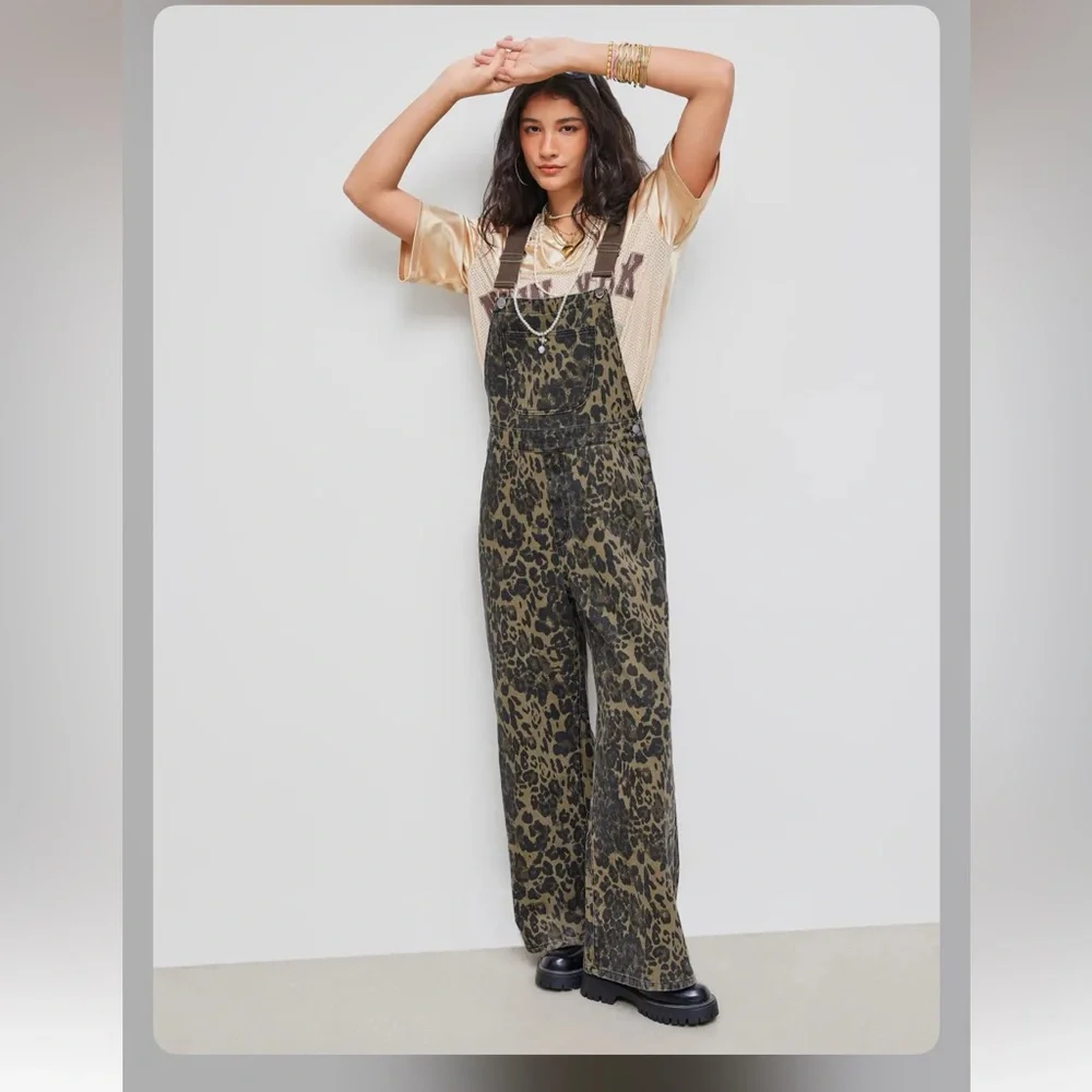 Cider DENIM LEOPARD POCKET BUCKLE UP WIDE LEG OVERSIZED JUMPSUIT XL cr23-9